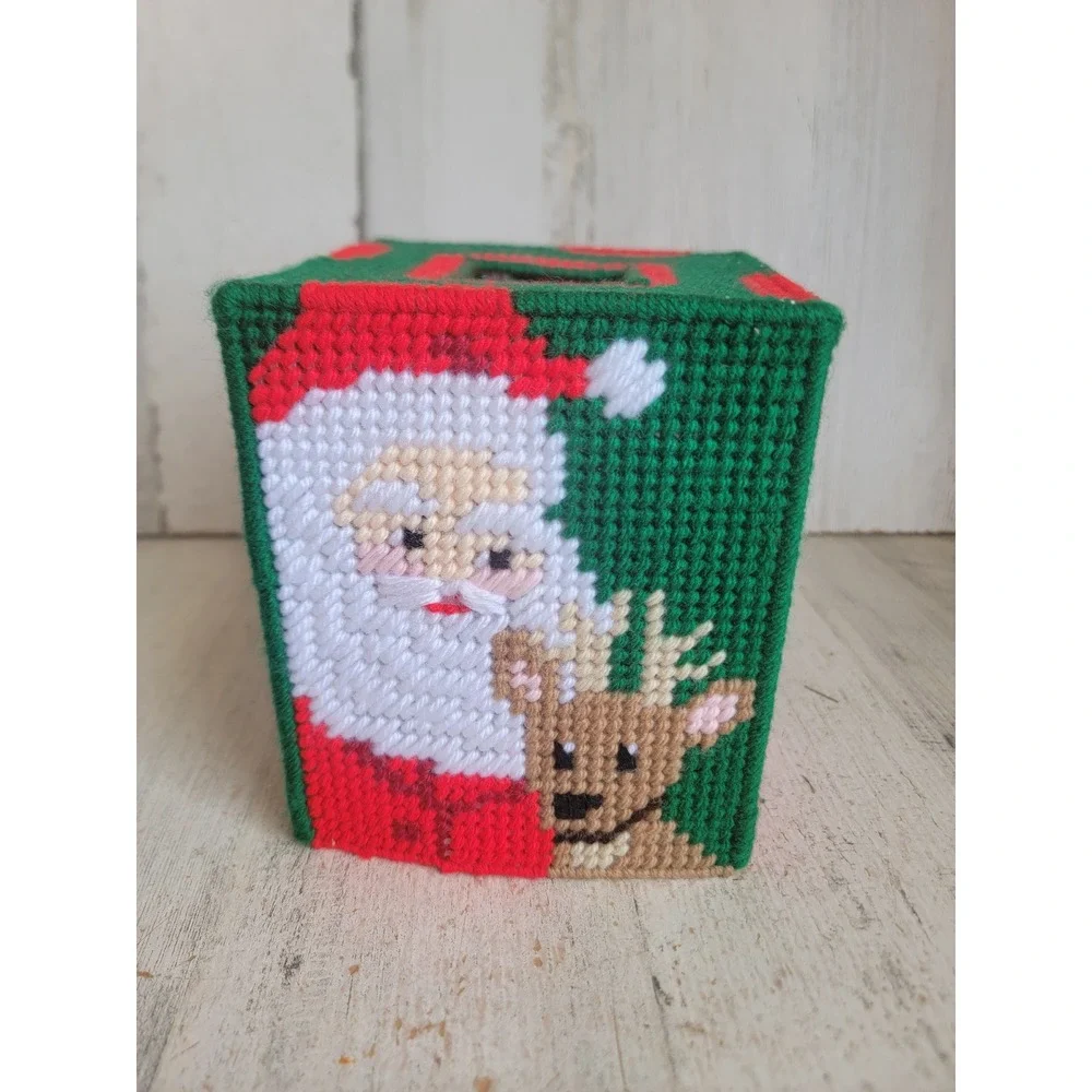 Vintage Santa Claus reindeer tissue box knit pattern home decor display